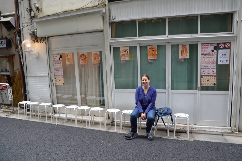 Waiting at Akiba Fukurou owl cafe, Tokyo, Japan