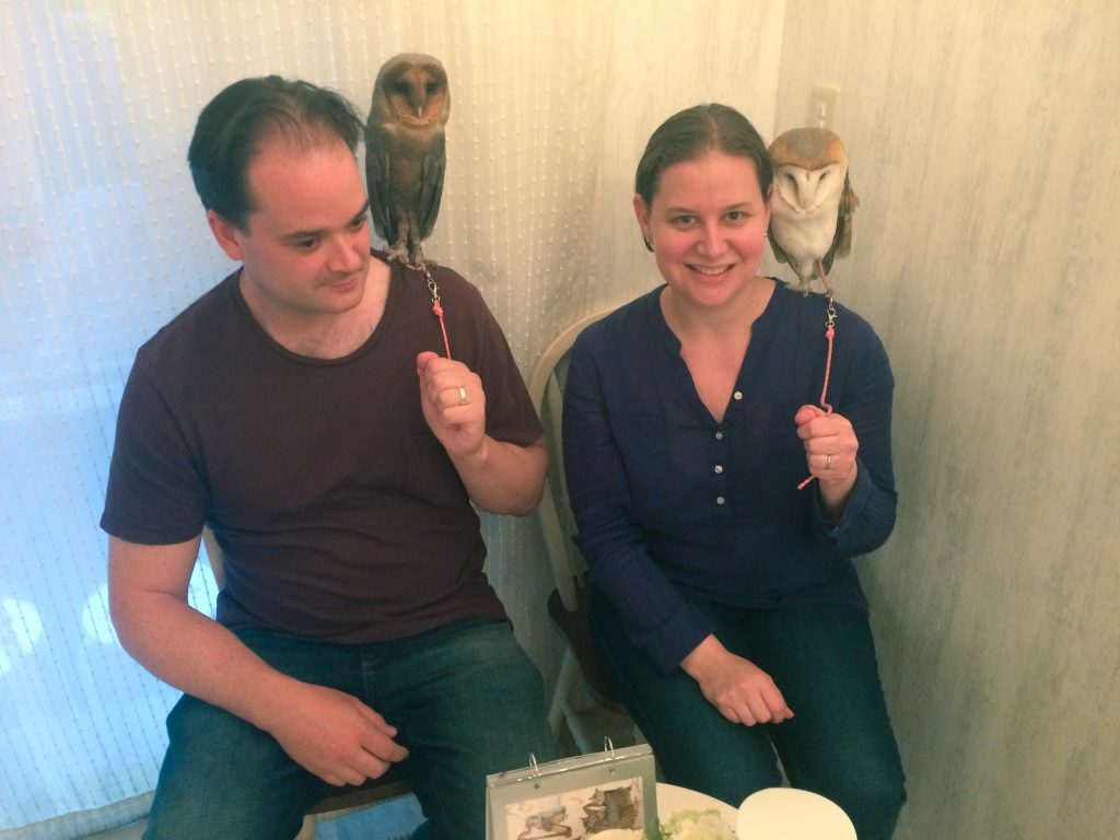Sarah and Justin with their best friend owls at Akiba Fukurou, Tokyo, Japan