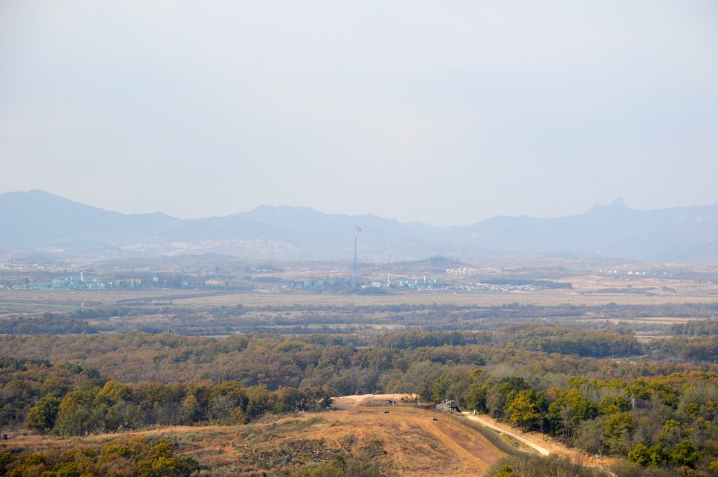 View of Kijŏngdong and North Korean flagpole from Dora Observatory, DMZ