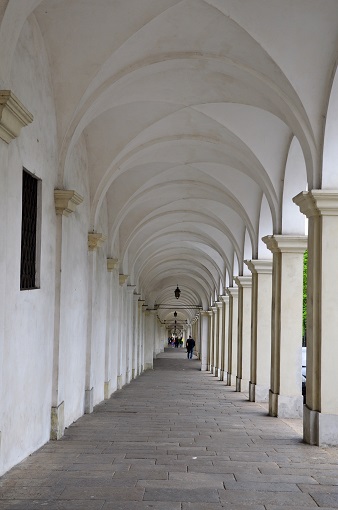 White colonnade leading up to Church of St. Mary of Mount Berico in Vicenza, Italy
