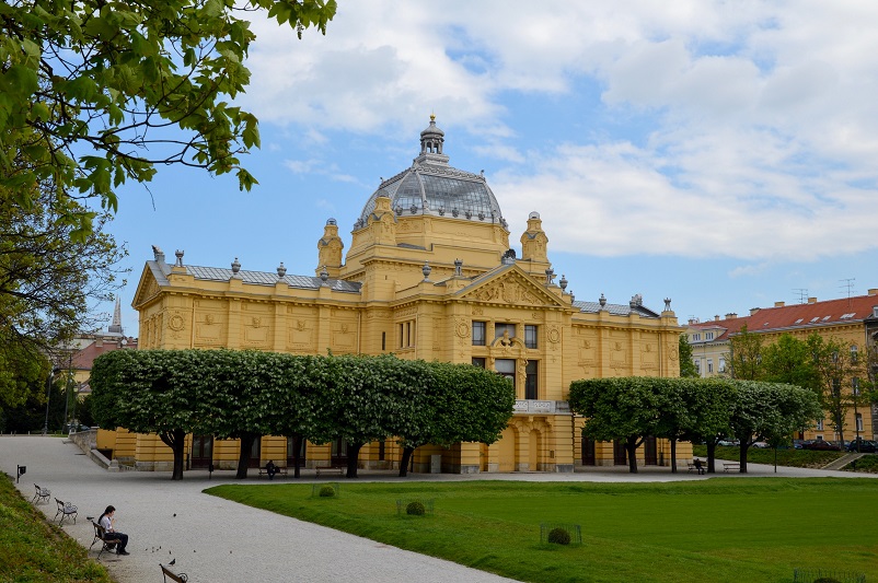 Big yellow Art Pavilion building in Zagreb, Croatia