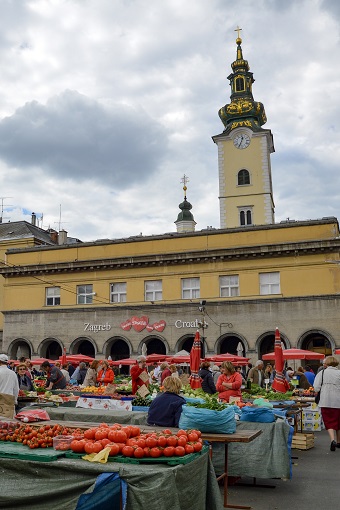 Food stalls at the outside portion of Dolac Market in Zagreb, Croatia