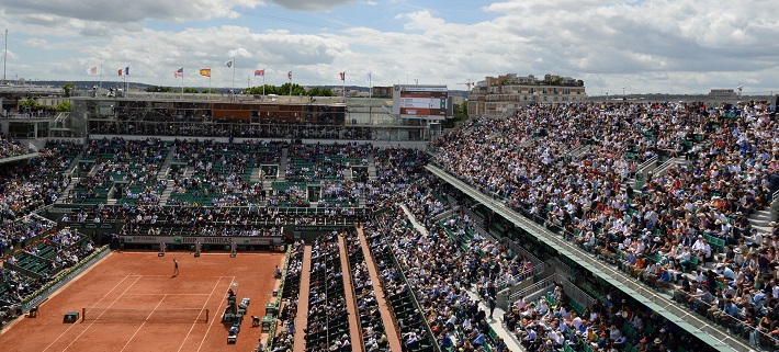 Wide shot huge crowds watching French Open tennis in Paris