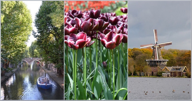 Three pictures: canal, tulips, windmill - all things I love about the Netherlands