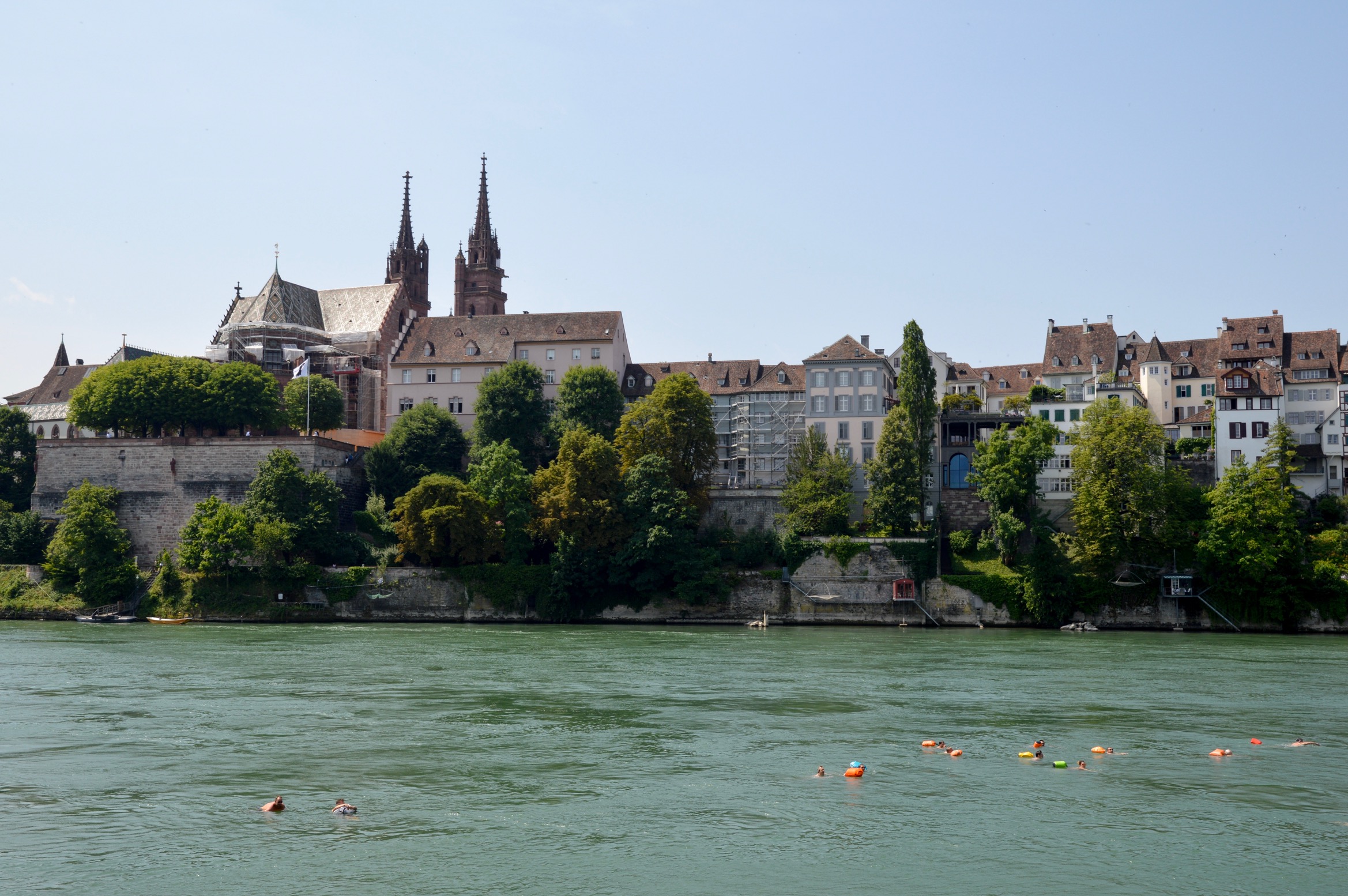 Locals Rheinschwimmen with Wickelfisch, Rhine River, Basel, Switzerland