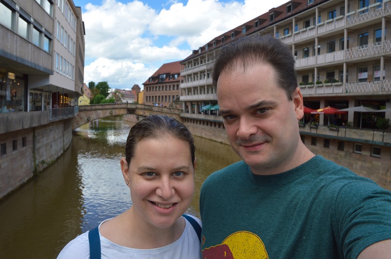 Sarah and Justin standing in front of the Fleischbrücke or "meat bridge" in Nuremberg