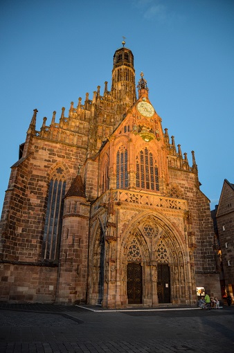 Gothic church at night, the Frauenkirche in Nuremberg