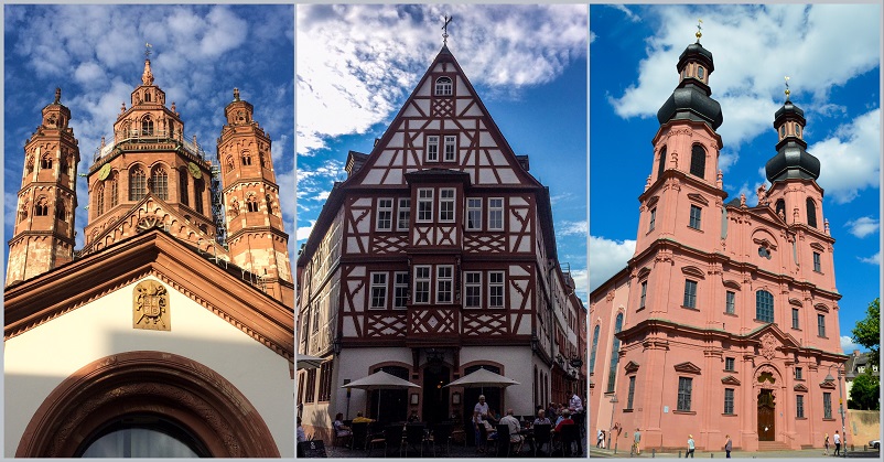 Three pictures of churches and buildings in Mainz, Germany