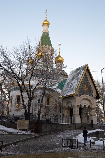 Side angle close up view of The Russian Church in Sofia