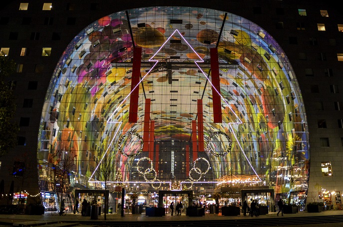 Rotterdam Markthal decorated for Christmas, lit up at night: one of the best free things to do in Rotterdam