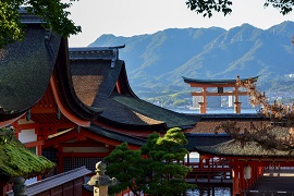Miyajima, Japan with view of floating torii
