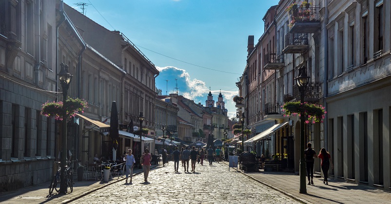 Cobblestone street in Old Town of Kaunas, Lithuania, cheap city break