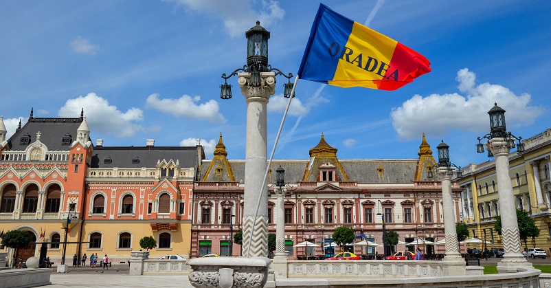 Flag of Oradea, Romania flying in the city's main square