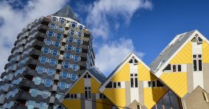 Buildings that look like cubes and a pencil; one of the free things to do in Rotterdam