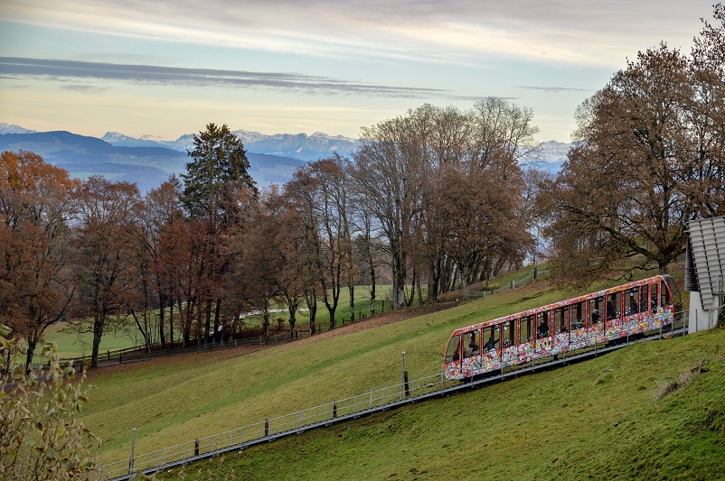 Funicular in front of trees and mountains