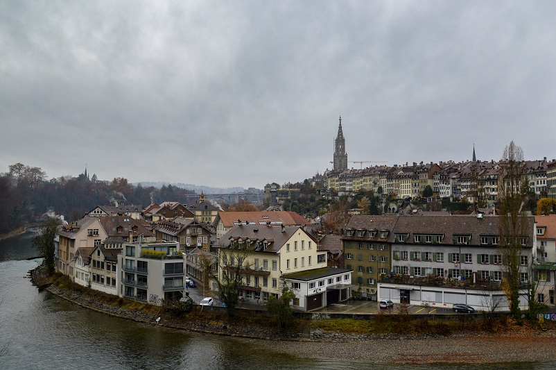 Buildings and church steeple in Old Town in Bern, Switzerland