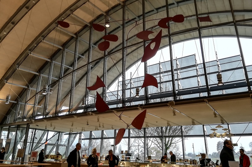 Red mobile hanging inside the Zentrum Paul Klee in Bern, Switzerland