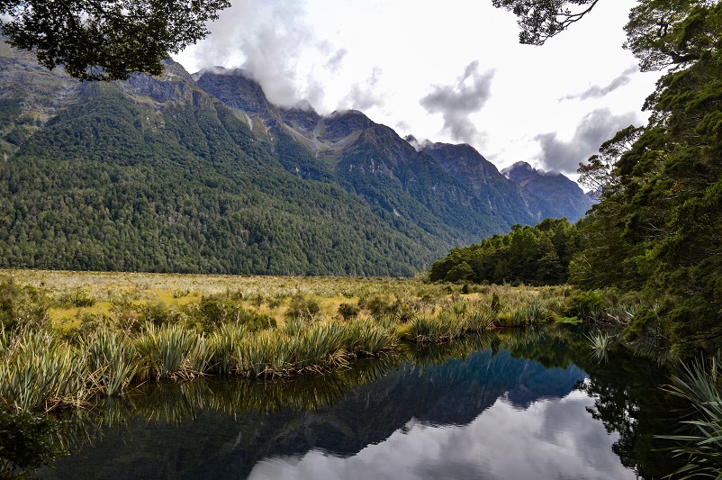 Water reflecting mountains above it, Mirror Lakes in New Zealand