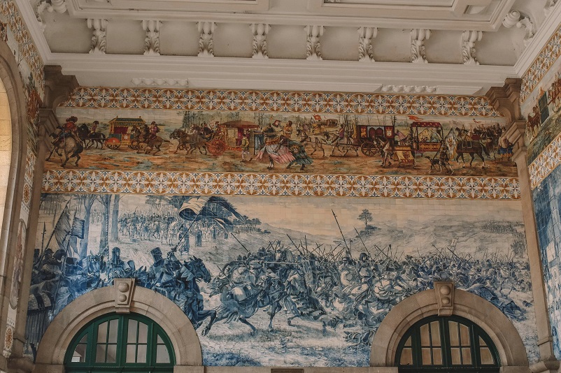 Ornately decorated wall inside the Porto train station, Portugal