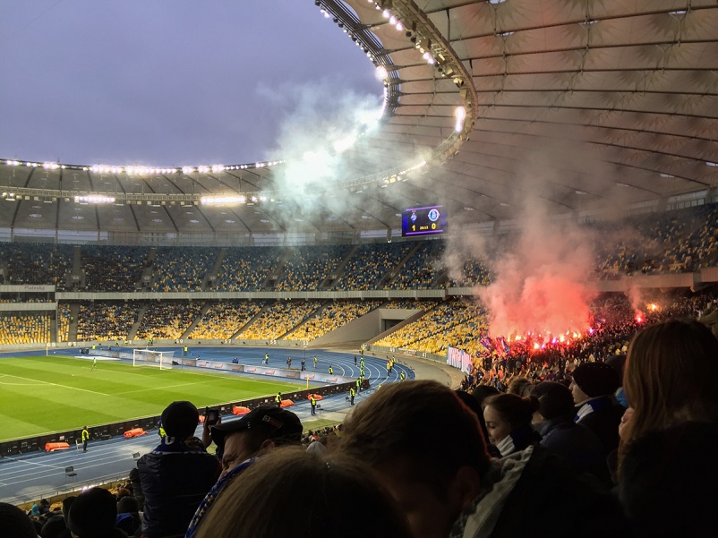 Flares in the crowd at a Dynamo Kyiv football match in Ukraine