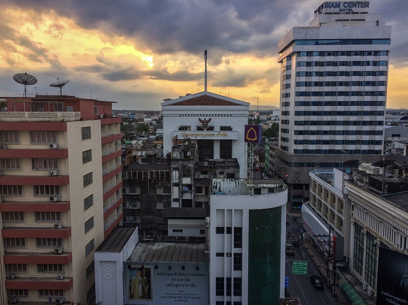 Sunset view of buildings in Hat Yai, a stop on our trip from Thailand to Malaysia