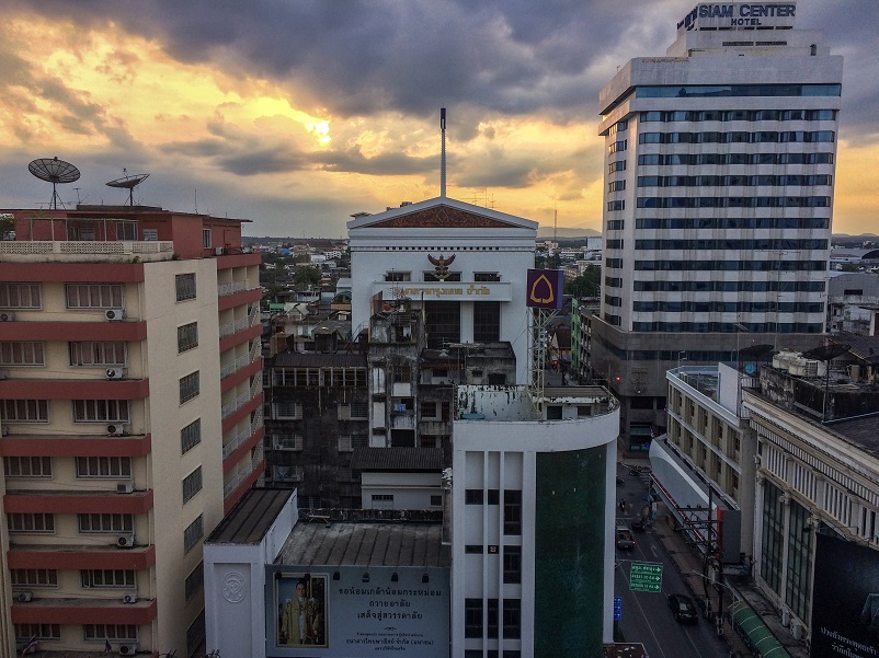 Sunset view of buildings in Hat Yai, a stop on our trip from Thailand to Malaysia