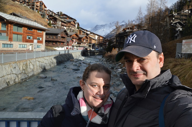 Sarah wearing oxygen and Justin in Zermatt, Switzerland