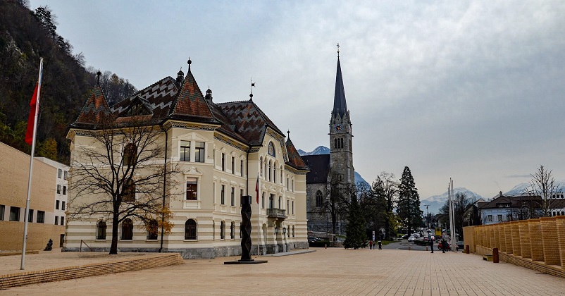 Plaza, government building, and church seen in Vaduz, Liechtenstein: one of the best day trips from Zurich