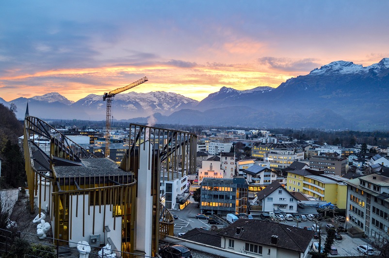 Vaduz, Liechtenstein city and mountain view at sunset