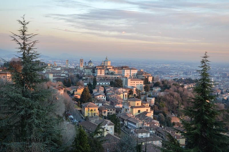 View of Citta Alta at sunset in Bergamo, Italy