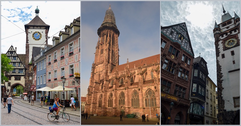 Three pictures of beautiful buildings in Freiburg, Germany