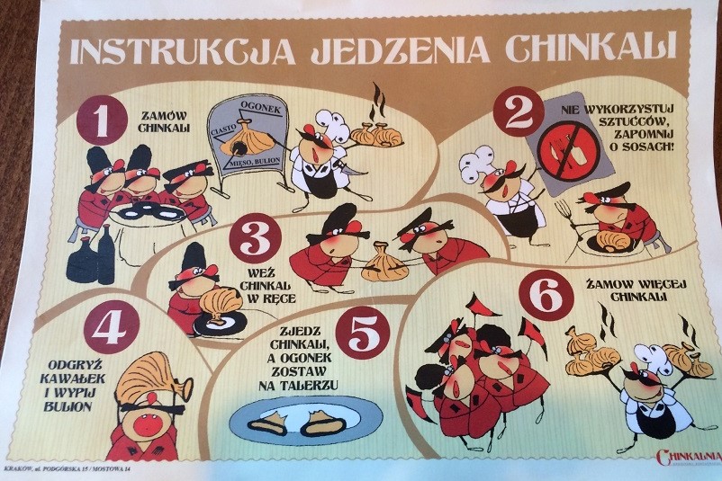 Instructions on how to eat soup dumplings at Chinkalnia Kraków