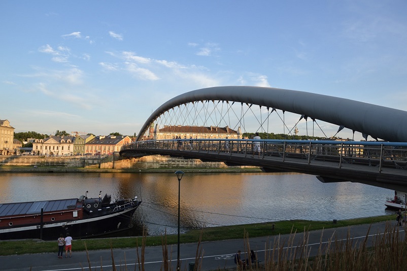 Pedestrian bridge at sunset in Krakow, Poland