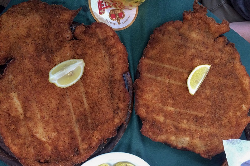 Two enormous pieces of schnitzel with lemon at Pod Wawelem in Krakow, Poland