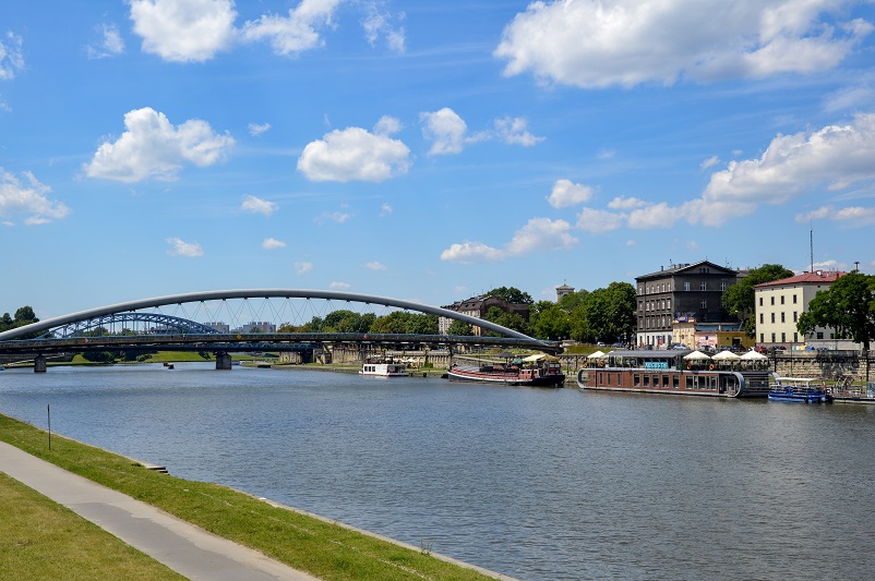 View of a bridge going across the Vistula River in Krakow, Poland