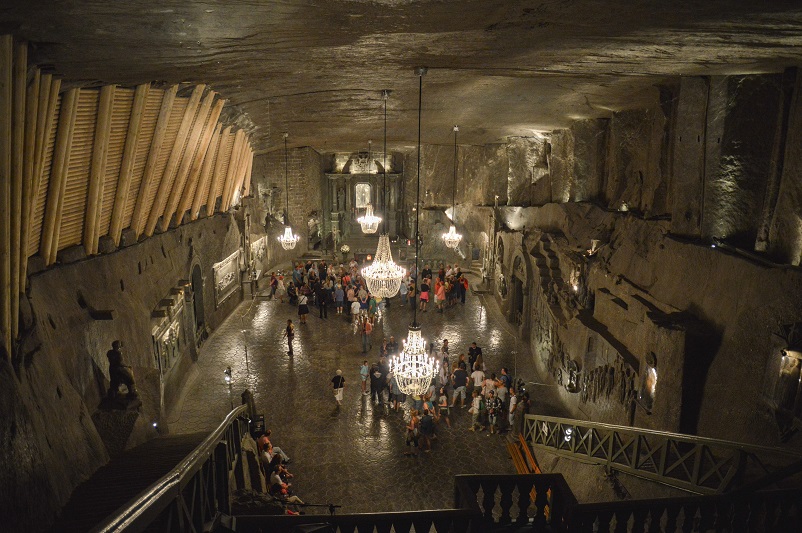 Cavernous room with chandeliers in the Krakow Salt Mine