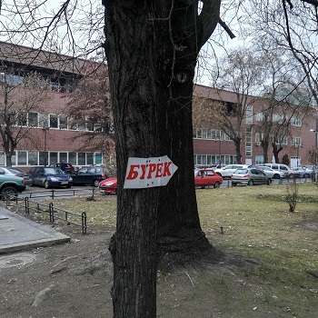 Small white and red sign on a tree saying "burek" in Cyrillic in Skopje