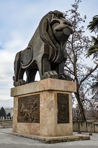 Huge statue of a lion in Skope, North Macedonia