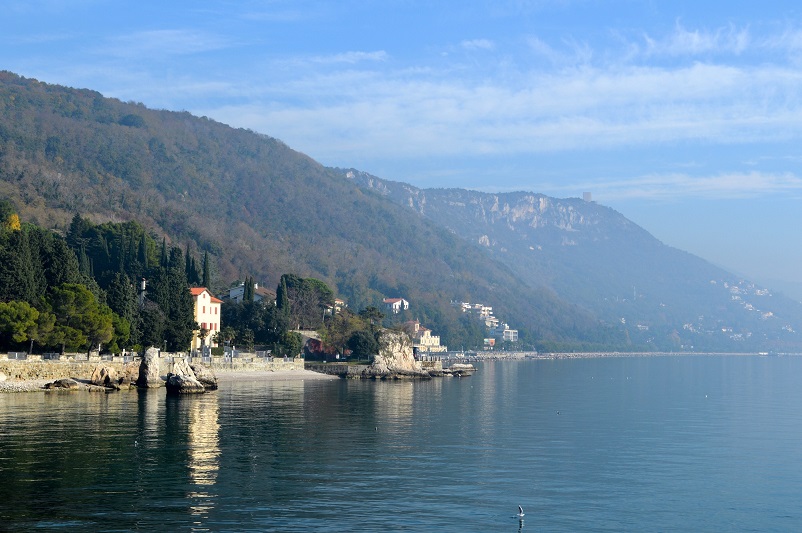 View of hills, villas and the sea in Trieste, Italy