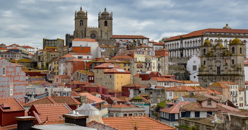 View of Sé cathedral from Mirador viewpoint in Porto, Portugal