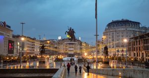 Warrior on a Horse statue at night, one of the main things to do in Skopje