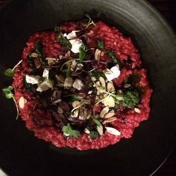 Beet risotto on a plate at Shawtys Cafe in Twizel, NZ