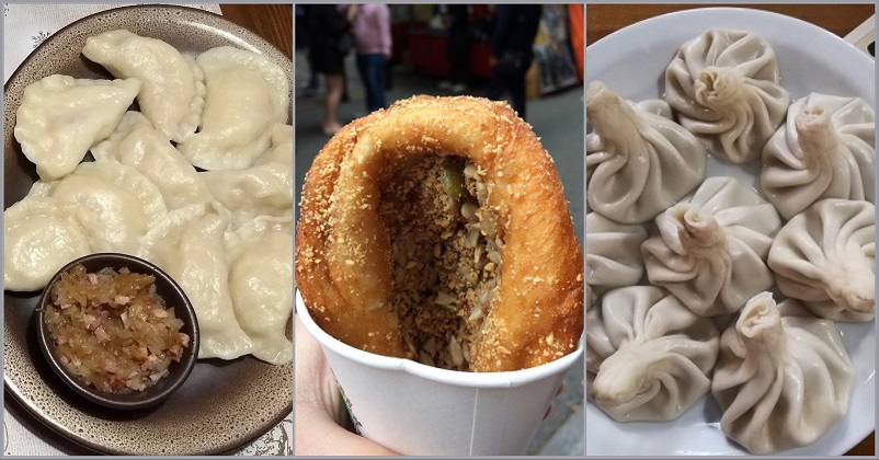Three pictures of food: pierogis, ssiat hotteok, and khinkali