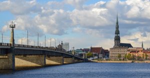 Bridge over the Daugava River and a church in Riga