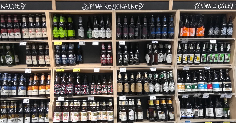 Shelves of bottles of Polish craft beer in Poznan