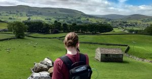 Sarah from the back looking out on the Yorkshire Dales