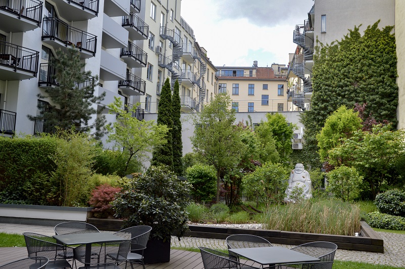 Garden with tables and chairs and the backs of buildings at the Boutique Hotel i31 Mitte in Berlin