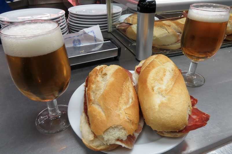 Ham sandwich and beer in Madrid