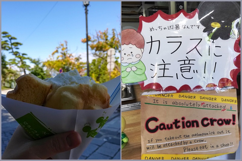 Two pictures of melon bread a sign about how crows will snatch it from you