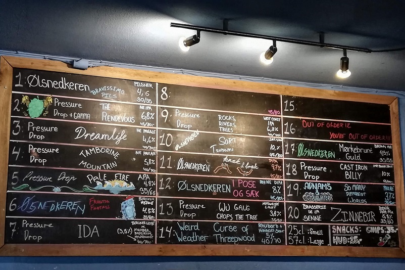 Tap list at Mig og Ølsnedkeren, craft beer in Aarhus